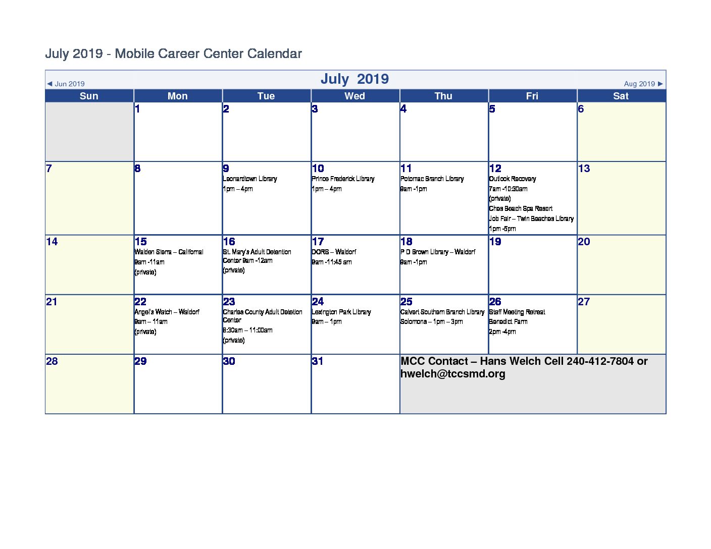 Tri County Council for Southern Maryland MCC Calendar